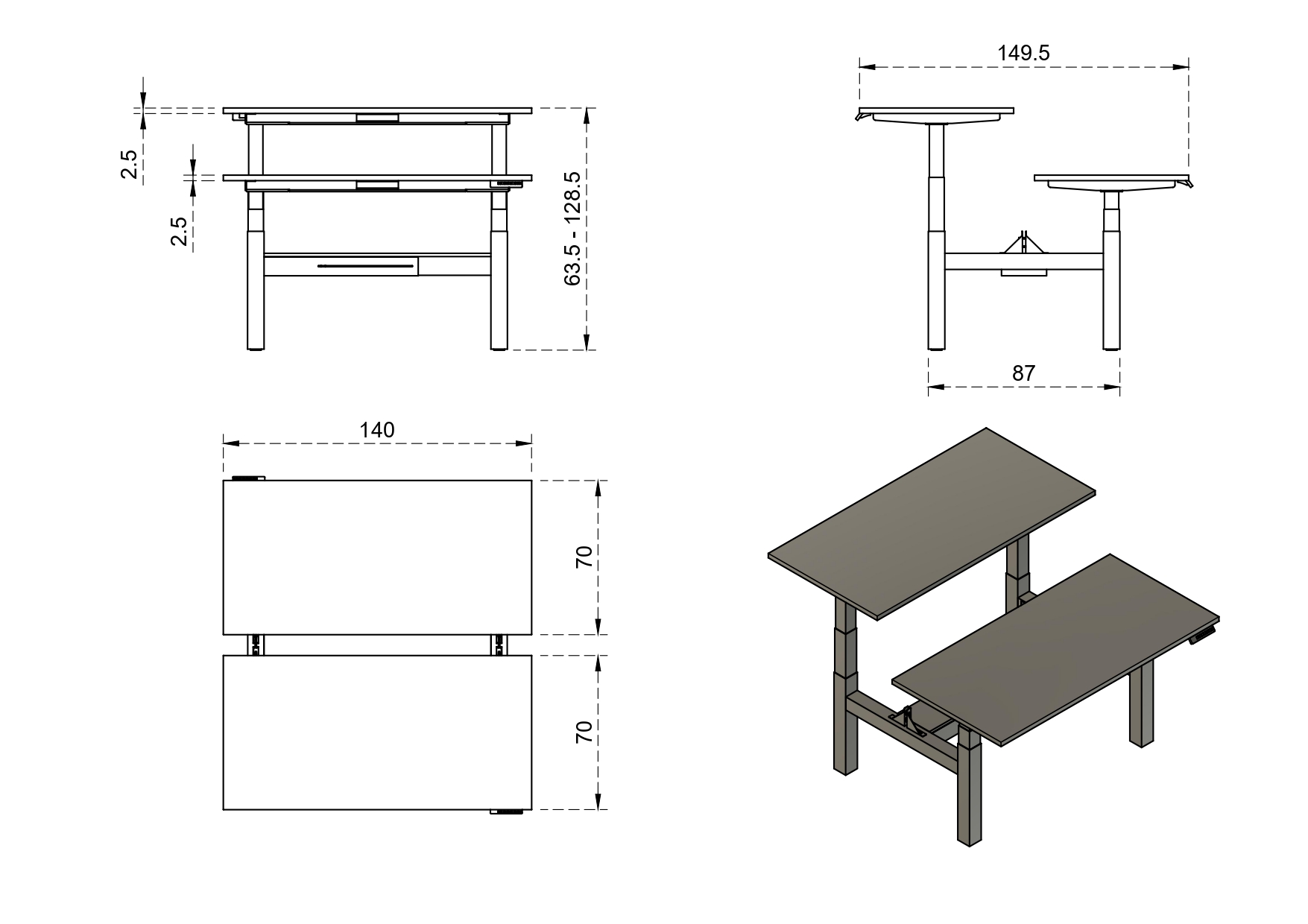 FIGHTER DOUBLE DESK podwójne biurko elektryczne, biały stelaż, blat 4 kolory - obrazek 7